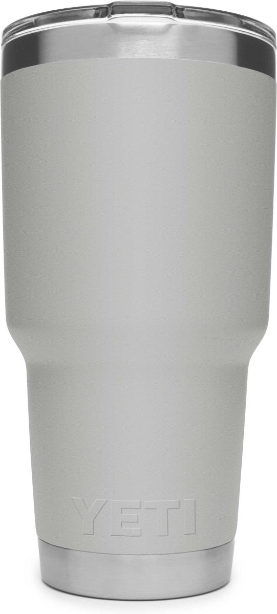 Yeti Rambler 30 oz. Tumbler with Magslider Lid - A stainless steel tumbler with a silver lid and a sliding closure mechanism.