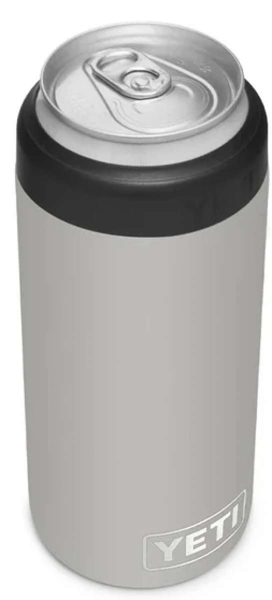 Yeti Rambler 12 oz. Colster Slim Can Insulator - A silver-colored can insulator with a black lid, featuring a sleek and modern design.