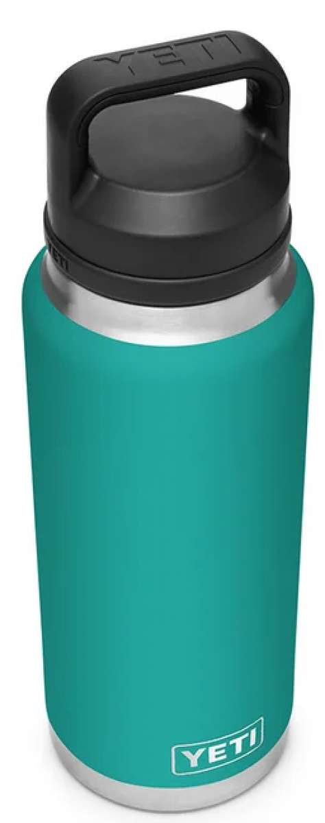 Yeti Rambler 36 oz. Bottle With Chug Cap - A stainless steel bottle with a black chug cap and handle, featuring a silver base and rim.