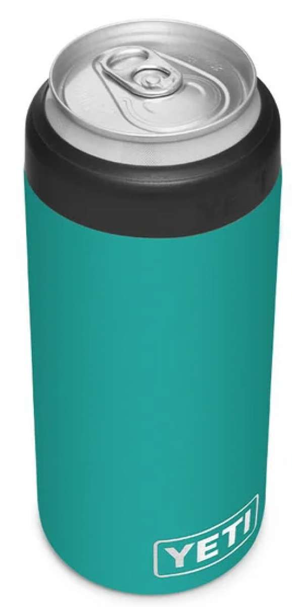 Yeti Rambler 12 oz. Colster Slim Can Insulator - A slim can insulator with a black lid and a silver top, featuring the word "YETI" in white letters on the side.