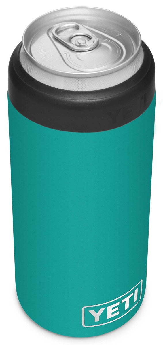 Yeti Rambler 12 oz. Colster Slim Can Insulator - A slim can insulator with a silver lid and a dark gray body.