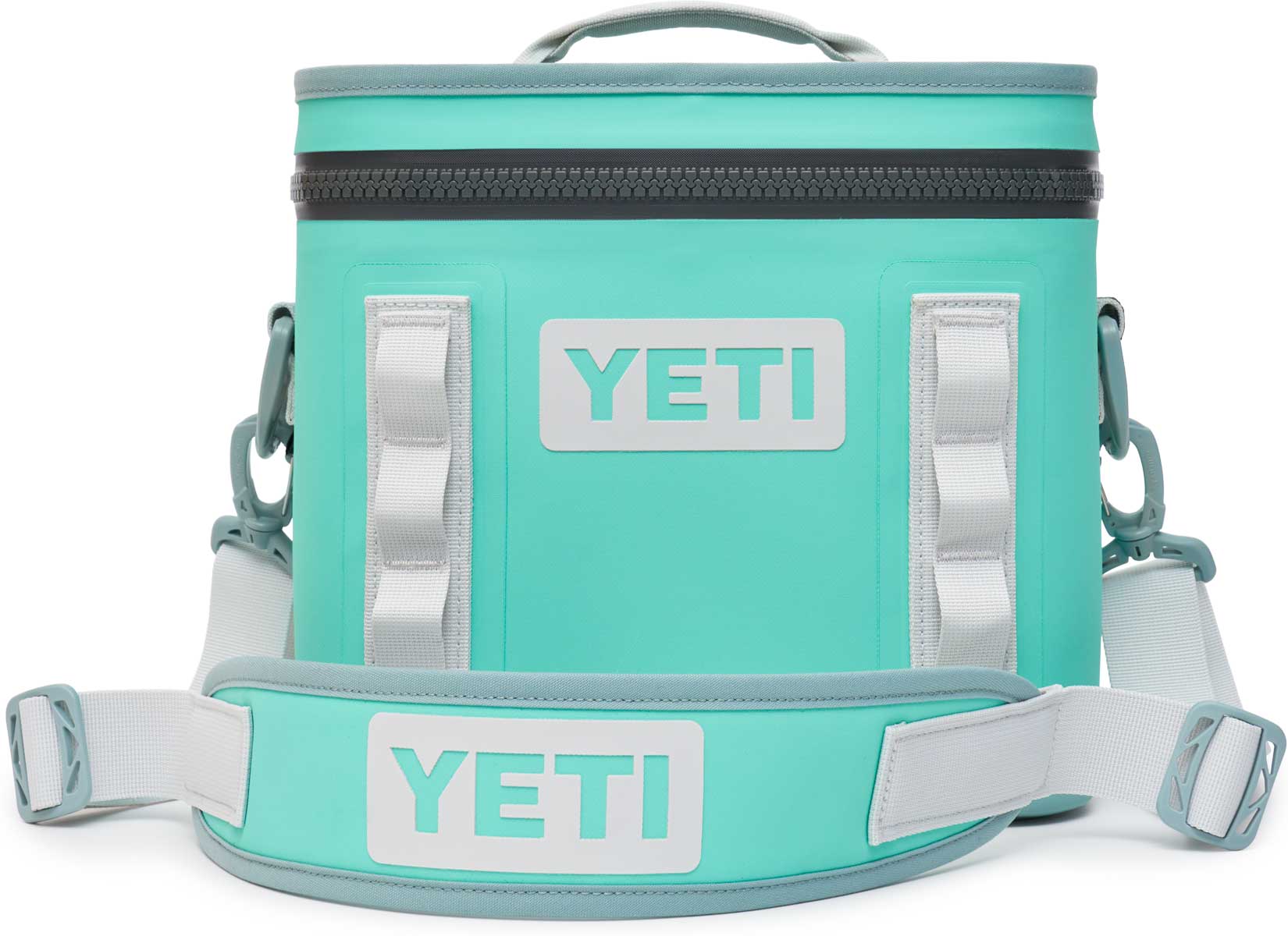 Yeti Hopper Flip 8 Personal Cooler - A mint green cooler with a zippered top and two handles, one on each side.