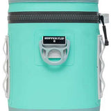 Yeti Hopper Flip 8 Personal Cooler - A mint green cooler with a zippered top and two side handles, featuring a small black logo on the front that reads "HOPPER FLIP" in white letters.