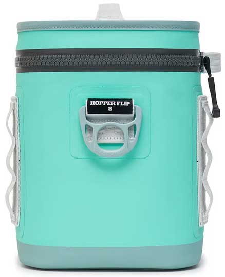 Yeti Hopper Flip 8 Personal Cooler - A mint green cooler with a zippered top and two side handles, featuring a small black logo on the front that reads "HOPPER FLIP" in white letters.