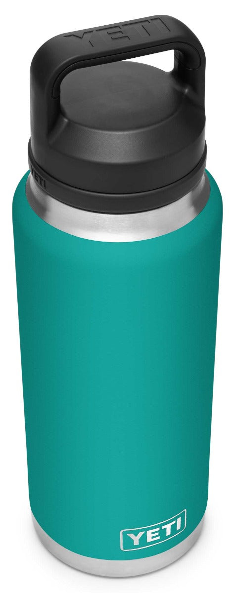 Yeti Rambler 36 oz. Bottle With Chug Cap - A stainless steel water bottle with a black chug cap and handle, featuring a silver base and rim.