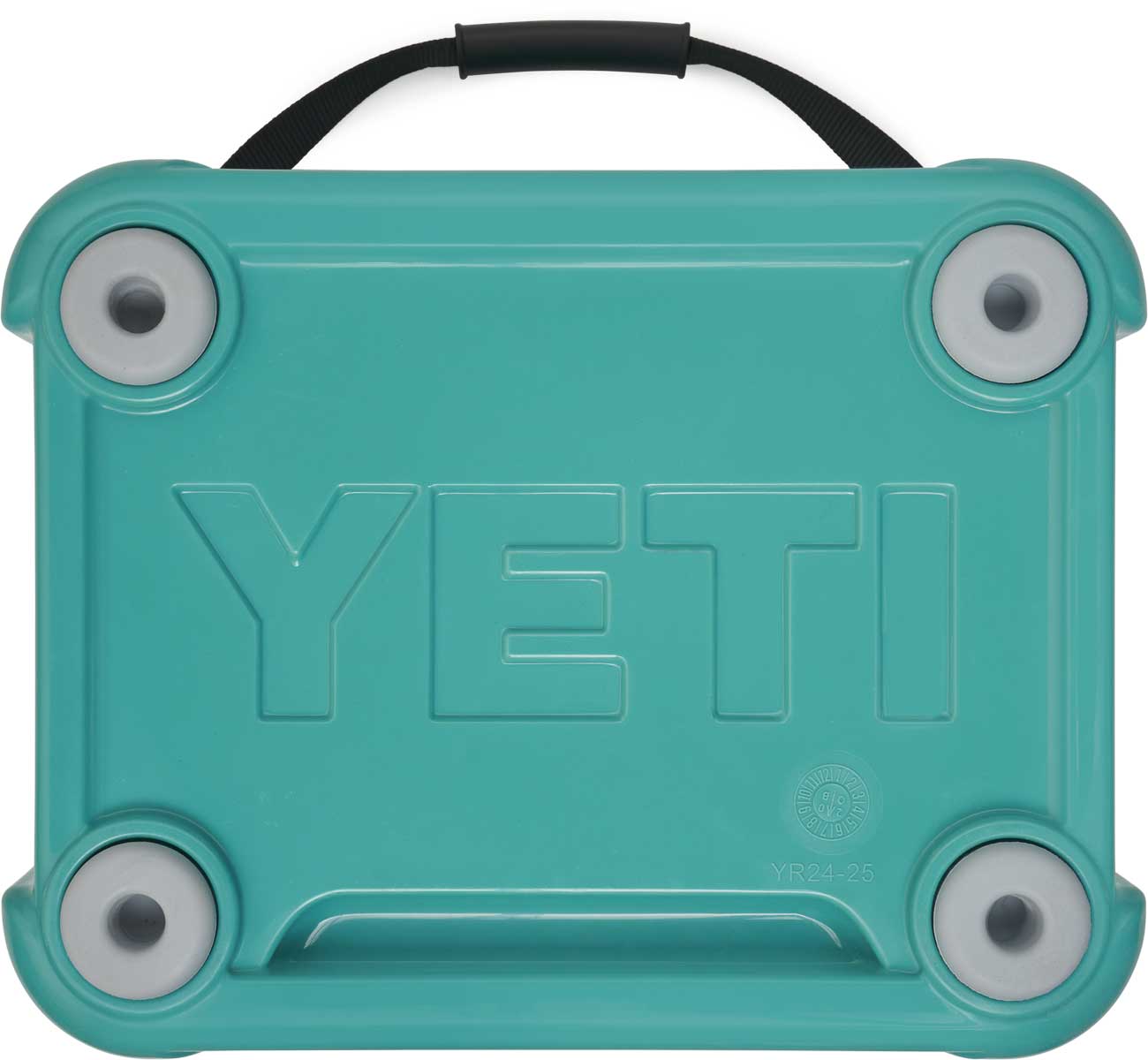 Yeti Roadie 24 Hard Cooler - A turquoise cooler with a handle on top and four feet at the bottom.
