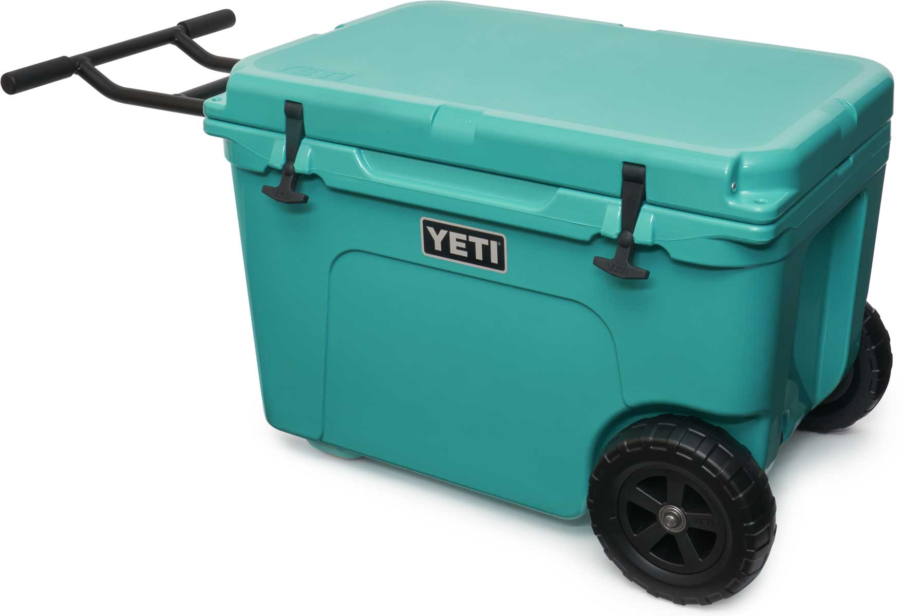Yeti Tundra Haul Wheeled Cooler - A large, turquoise cooler with a handle and wheels on the bottom.