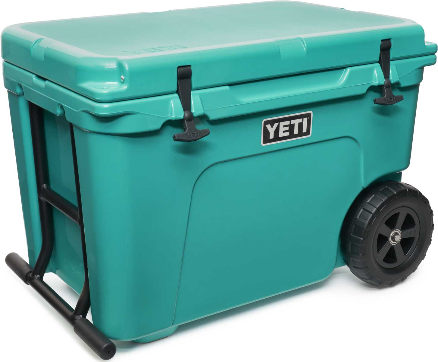 Yeti Tundra Haul Wheeled Cooler - A large, turquoise cooler with a handle and wheels on the bottom.