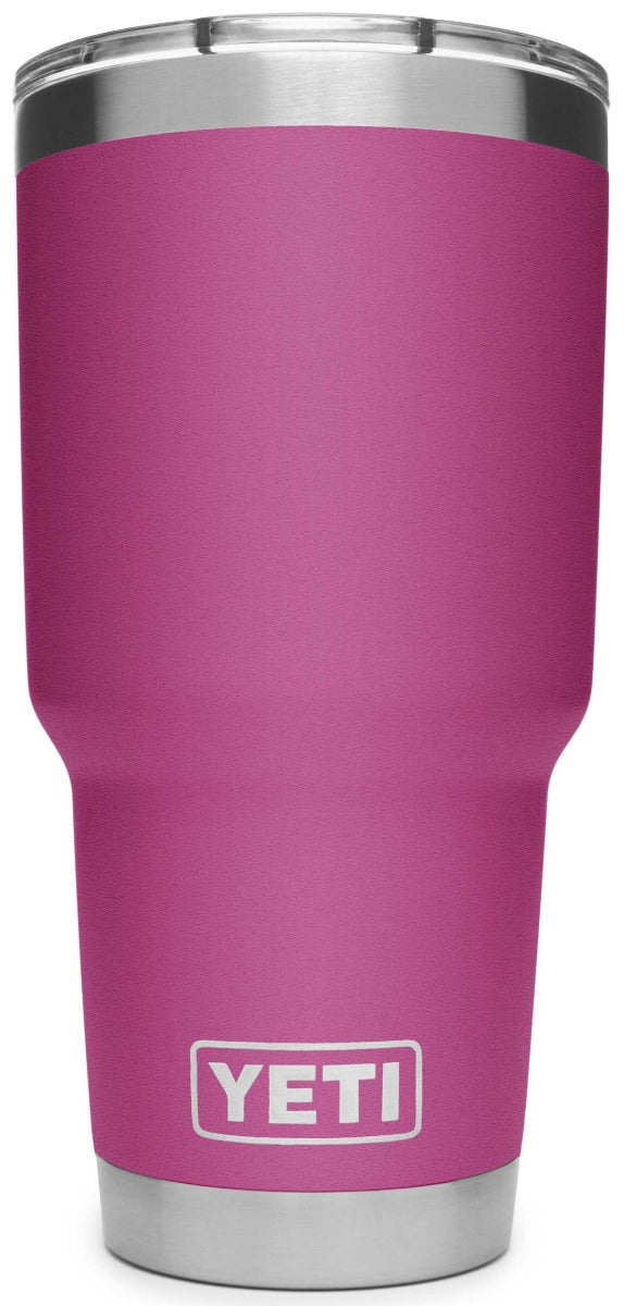 Yeti Rambler 30 oz. Tumbler with Magslider Lid - A stainless steel tumbler with a silver lid and a sliding closure mechanism.