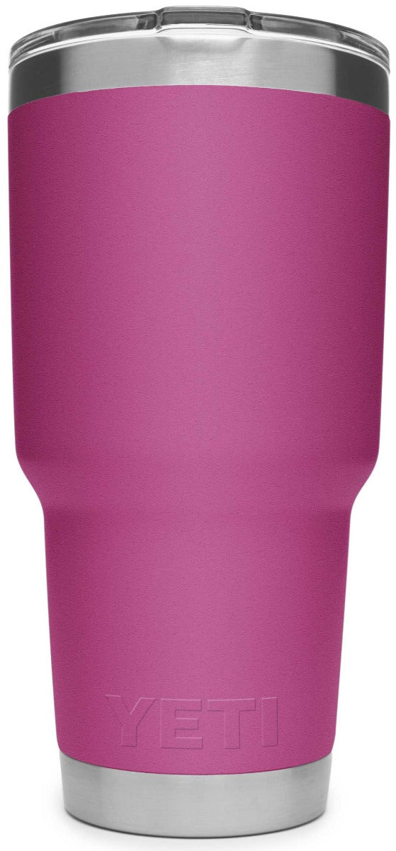 Yeti Rambler 30 oz. Tumbler with Magslider Lid - A stainless steel tumbler with a silver lid and a sliding closure mechanism.