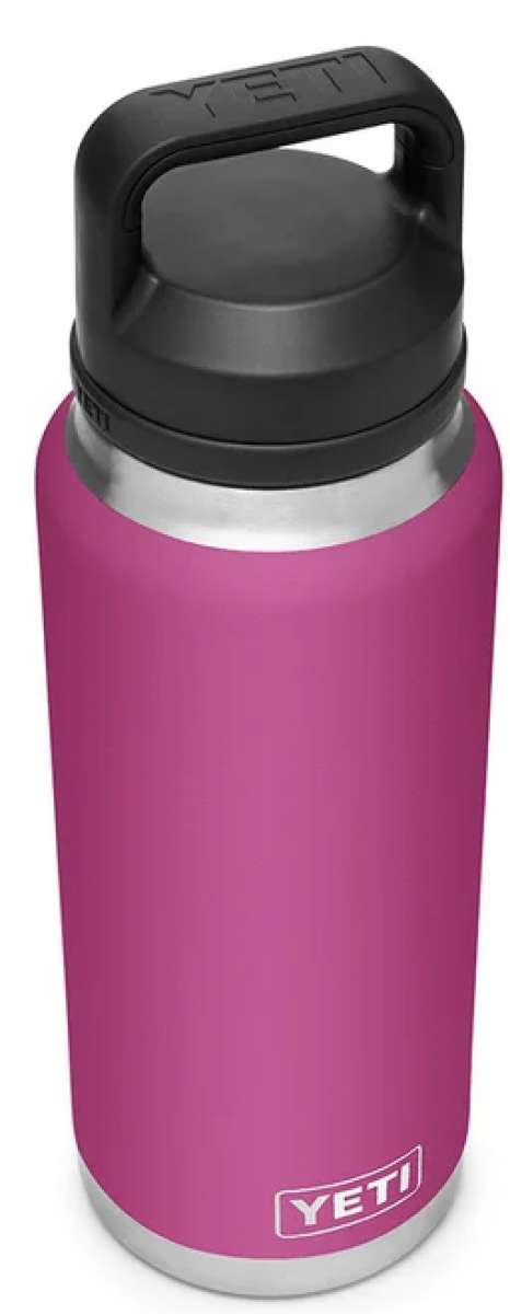 Yeti Rambler 36 oz. Bottle With Chug Cap - A stainless steel water bottle with a black chug cap and handle on top.
