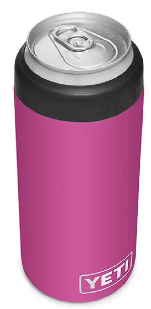 Yeti Rambler 12 oz. Colster Slim Can Insulator - A slim can insulator with a silver lid and a solid pink body.