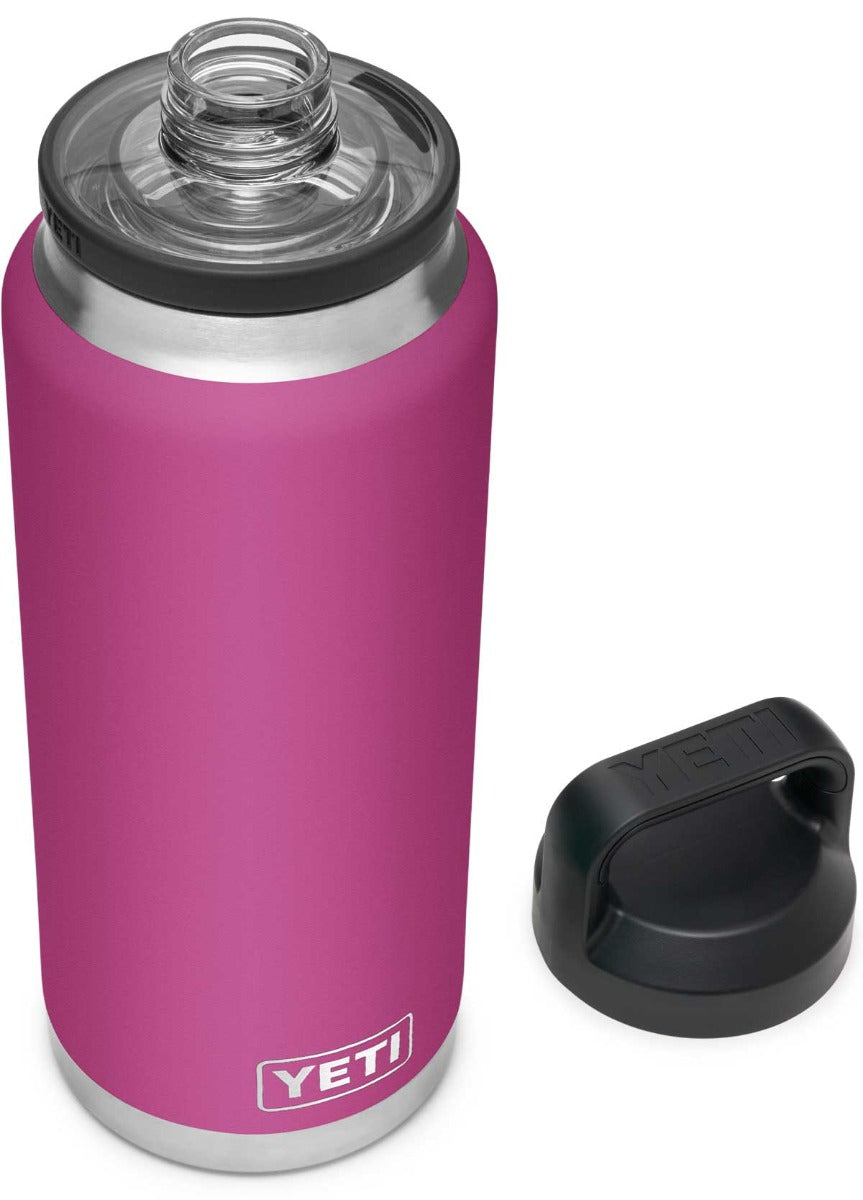 Yeti Rambler 36 oz. Bottle With Chug Cap - A stainless steel water bottle with a clear lid and a chug cap on top.