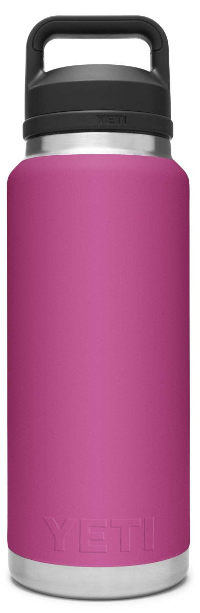 Yeti Rambler 36 oz. Bottle With Chug Cap - A stainless steel water bottle with a chug cap, featuring a silver finish and a handle on top.