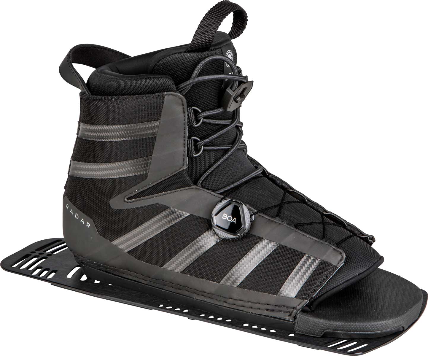 Radar Men's Vector Boa Aluminum Rear Water Ski Boot 2020 - Black ski boot with silver aluminum hardware and gray accents on the side.