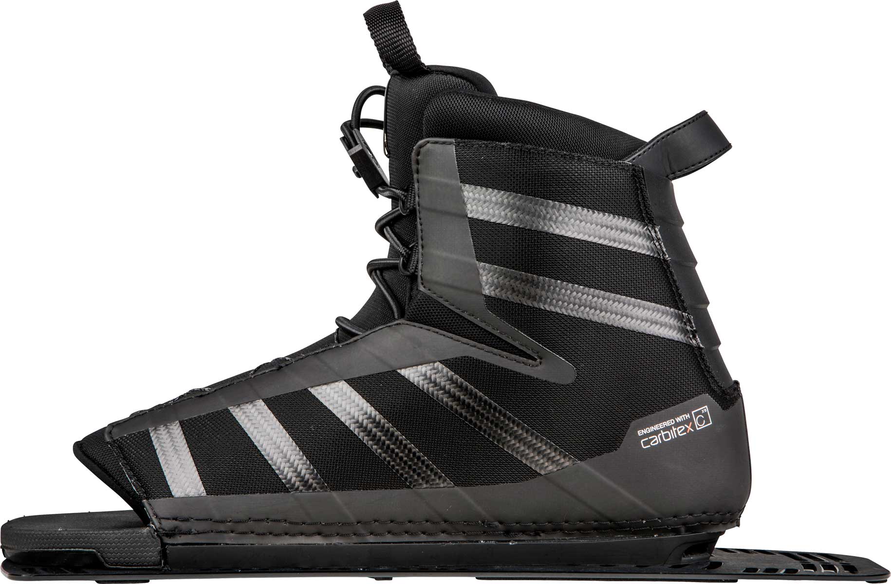 Radar Men's Vector Boa Aluminum Rear Water Ski Boot 2020 - Black water ski boot with silver aluminum accents and a black boa dial on the side.