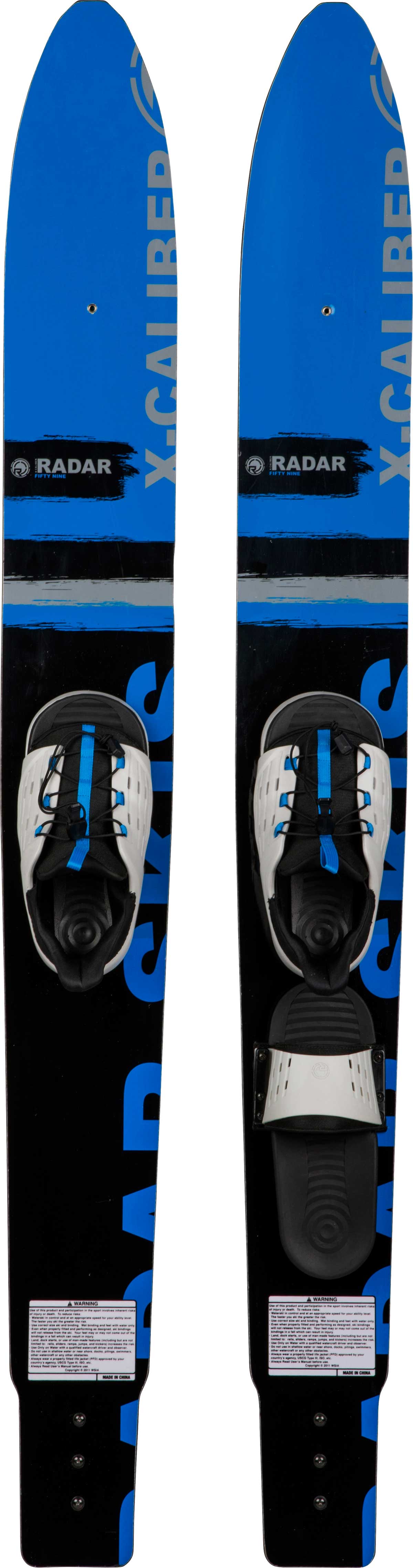 Radar X-Caliber Combo Water Ski with Cruise Boot 2020 - A blue water ski with a white boot and black bindings.