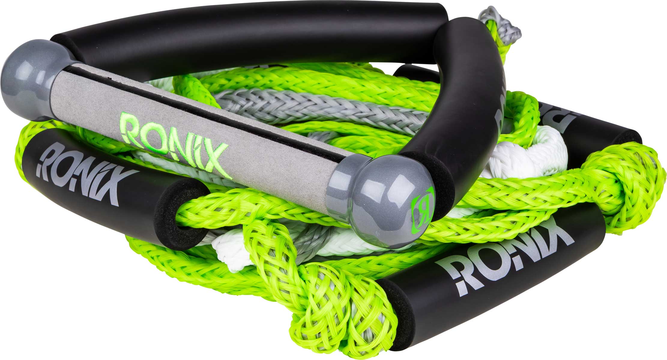 Ronix Bungee Stretch Surf Rope with Handle 2020 - The rope is lime green and white, featuring a black handle at one end.