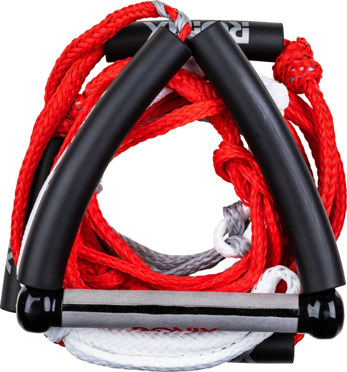 Ronix Bungee Stretch Surf Rope with Handle 2020 - Red rope with a black handle and white lettering on it.
