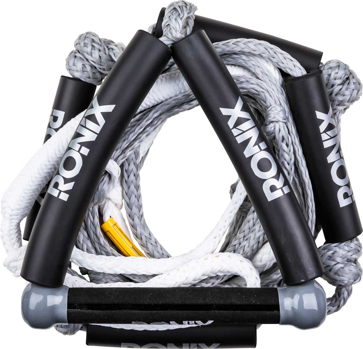 Ronix Bungee Stretch Surf Rope with Handle 2020 - A black and gray bungee surf rope with a handle at one end, featuring white lettering that reads "RONIX" on the handle.