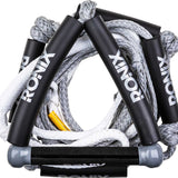 Ronix Bungee Stretch Surf Rope with Handle 2020 - A black and gray bungee surf rope with a handle at one end, featuring white lettering that reads "RONIX" on the handle.