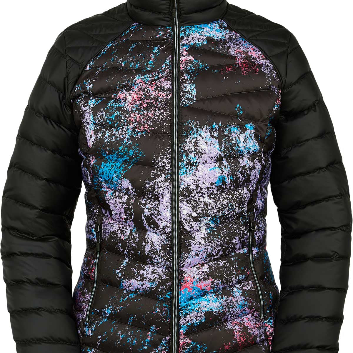 Spyder Ladies' Timeless LTD Down Insulated Jacket 2021 - A black down insulated jacket with a subtle pattern of thin, horizontal stripes in shades of blue and pink.