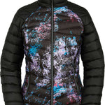 Spyder Ladies' Timeless LTD Down Insulated Jacket 2021 - A black down insulated jacket with a subtle pattern of thin, horizontal stripes in shades of blue and pink.