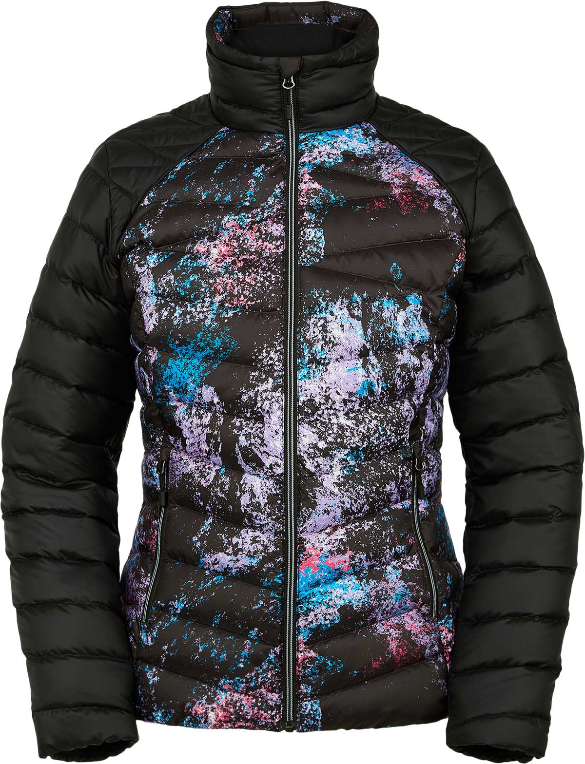 Spyder Ladies' Timeless LTD Down Insulated Jacket 2021 - A black down insulated jacket with a subtle pattern of thin, horizontal stripes in shades of blue and pink.