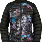 Spyder Ladies' Timeless LTD Down Insulated Jacket 2021 - A black down insulated jacket with a subtle pattern of thin, horizontal stripes in shades of blue and pink.