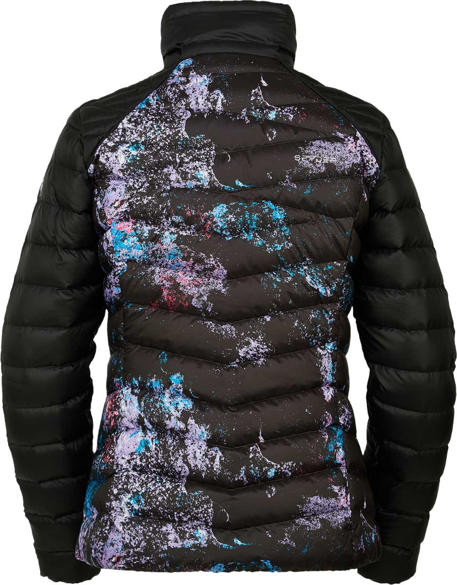 Spyder Ladies' Timeless LTD Down Insulated Jacket 2021 - Black down-filled jacket with a subtle pattern of thin, horizontal stripes in shades of blue and pink on the back.