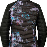 Spyder Ladies' Timeless LTD Down Insulated Jacket 2021 - Black down-filled jacket with a subtle pattern of thin, horizontal stripes in shades of blue and pink on the back.