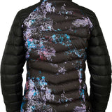 Spyder Ladies' Timeless LTD Down Insulated Jacket 2021 - Black down-filled jacket with a subtle pattern of thin, horizontal stripes in shades of blue and pink on the back.
