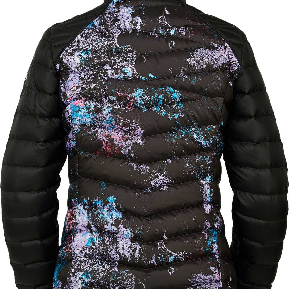 Spyder Ladies' Timeless LTD Down Insulated Jacket 2021 - Black down-filled jacket with a subtle pattern of thin, horizontal stripes in shades of blue and pink on the back.