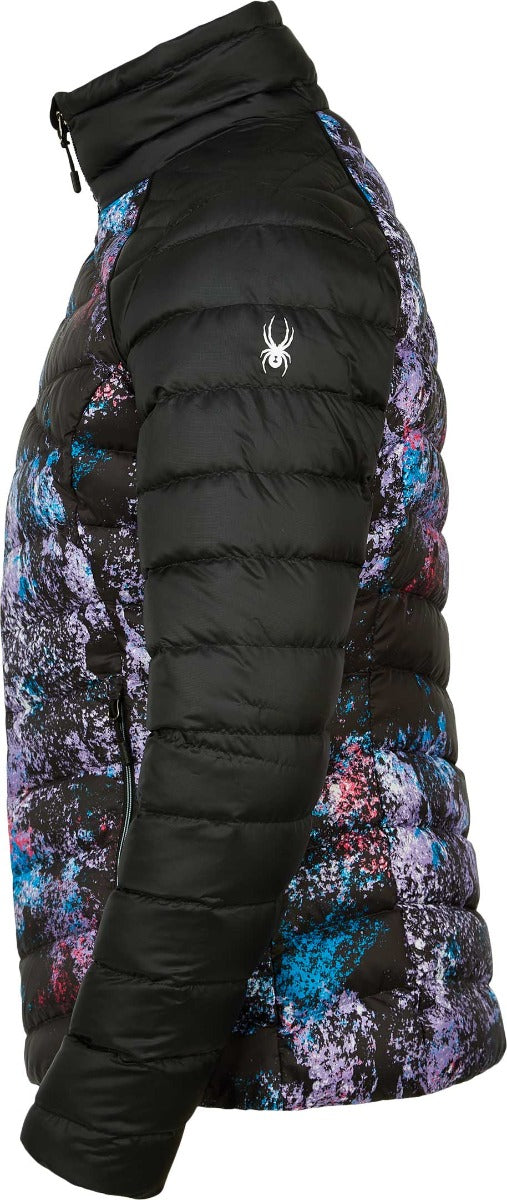 Spyder Ladies' Timeless LTD Down Insulated Jacket 2021 - A black down jacket with a subtle pattern of blue and pink accents.