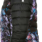 Spyder Ladies' Timeless LTD Down Insulated Jacket 2021 - A black down jacket with a subtle pattern of blue and pink accents.