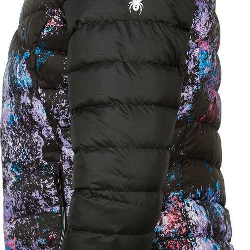 Spyder Ladies' Timeless LTD Down Insulated Jacket 2021 - A black down jacket with a subtle pattern of blue and pink accents.