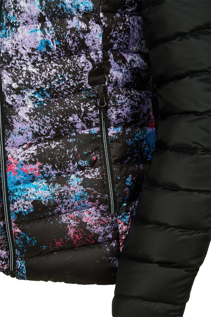Spyder Ladies' Timeless LTD Down Insulated Jacket 2021 - A black down insulated jacket with a subtle pattern of white, blue, and pink splotches.