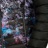 Spyder Ladies' Timeless LTD Down Insulated Jacket 2021 - A black down insulated jacket with a subtle pattern of white, blue, and pink splotches.