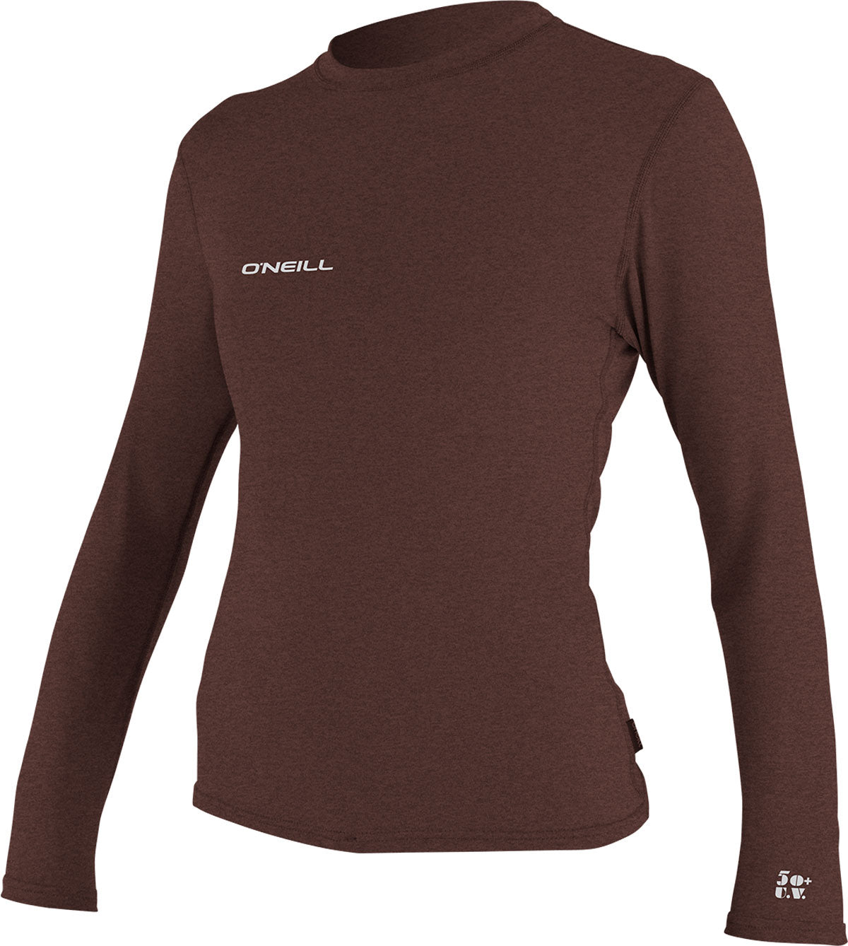 O'Neill Ladies' 24-7 Hybrid Long Sleeve Rashguard T-Shirt 2018 - A brown rash guard with a crew neck and long sleeves, featuring the word "ONEILL" in white on the left chest.