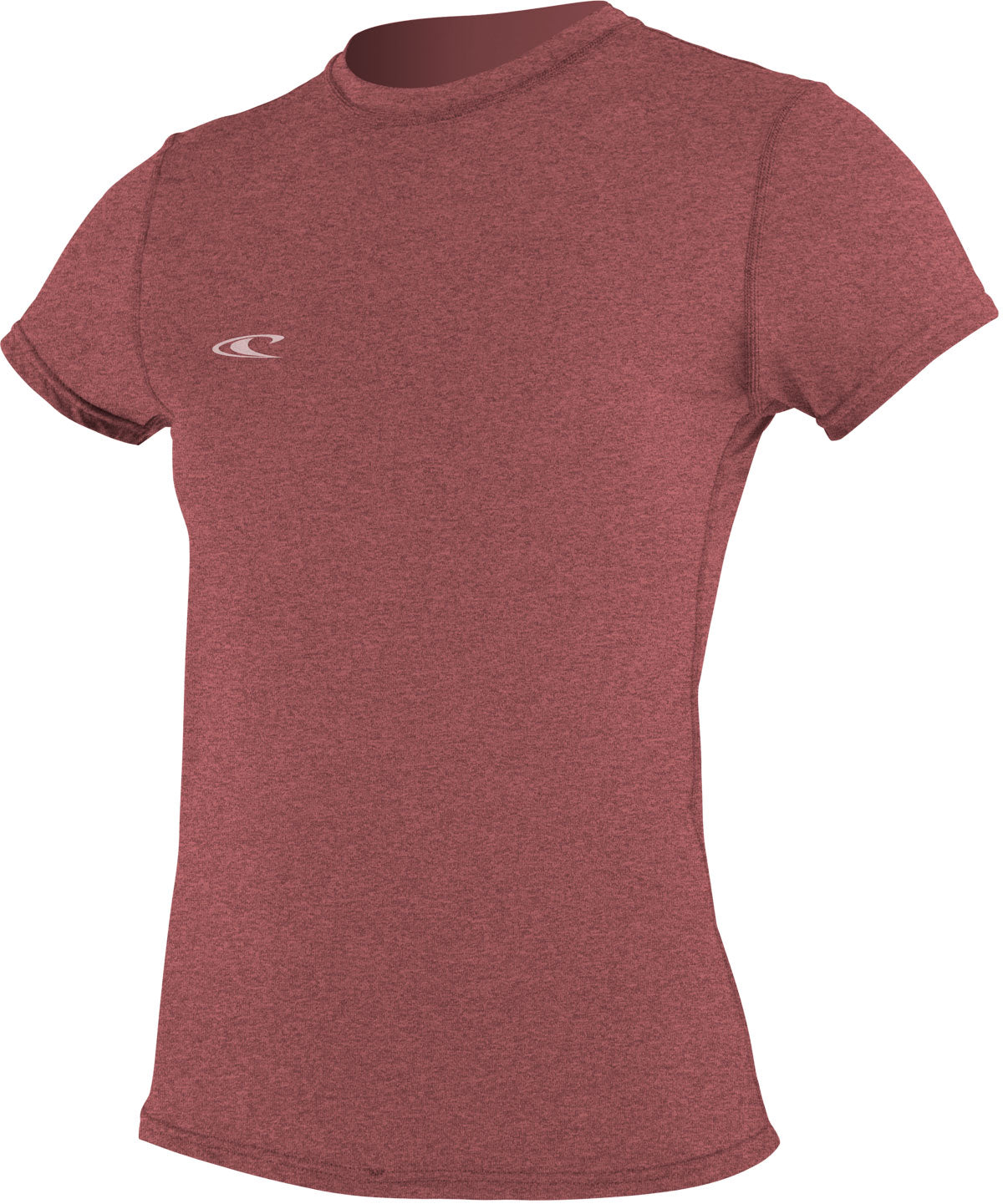 O'Neill Ladies' Hybrid Short Sleeve Tee Shirt 2017 - A heathered red short-sleeved shirt with a crew neck and white logo on the left chest.
