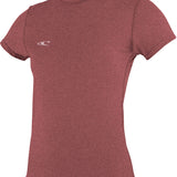 O'Neill Ladies' Hybrid Short Sleeve Tee Shirt 2017 - A heathered red short-sleeved shirt with a crew neck and white logo on the left chest.