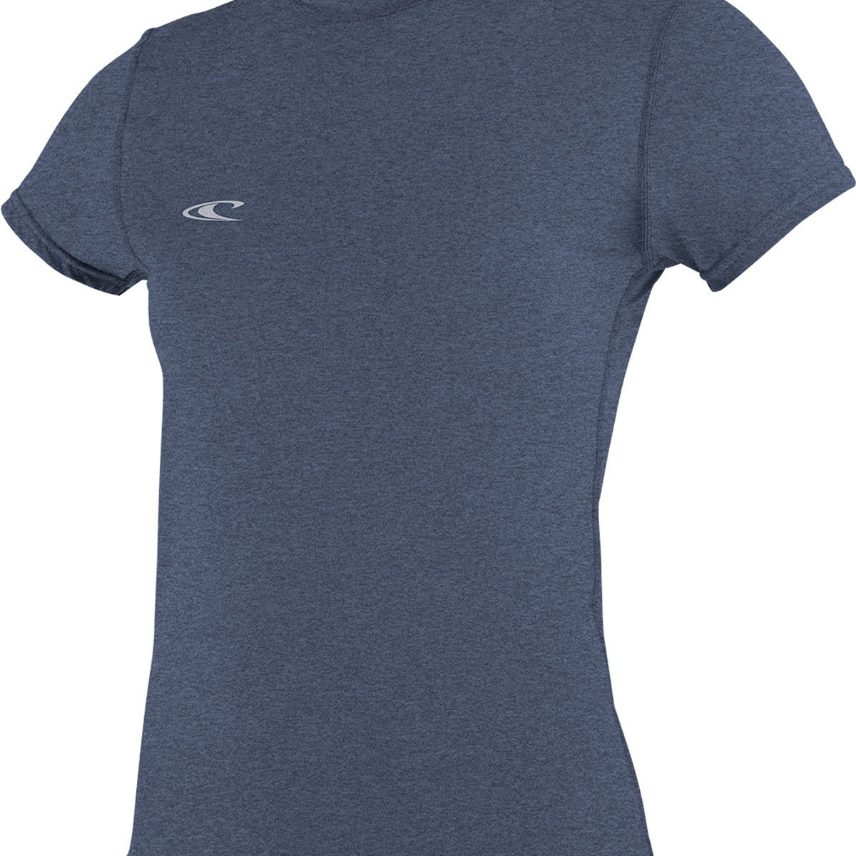 O'Neill Ladies' 24-7 Hybrid Short Sleeve Rashguard T-Shirt 2018 - A heathered gray rash guard with a white logo on the left chest.