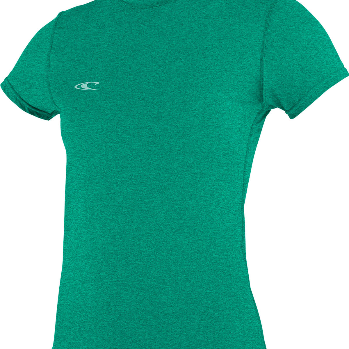 O'Neill Ladies' 24-7 Hybrid Short Sleeve Rashguard T-Shirt 2018 - A heathered green rash guard with a white logo on the left chest.