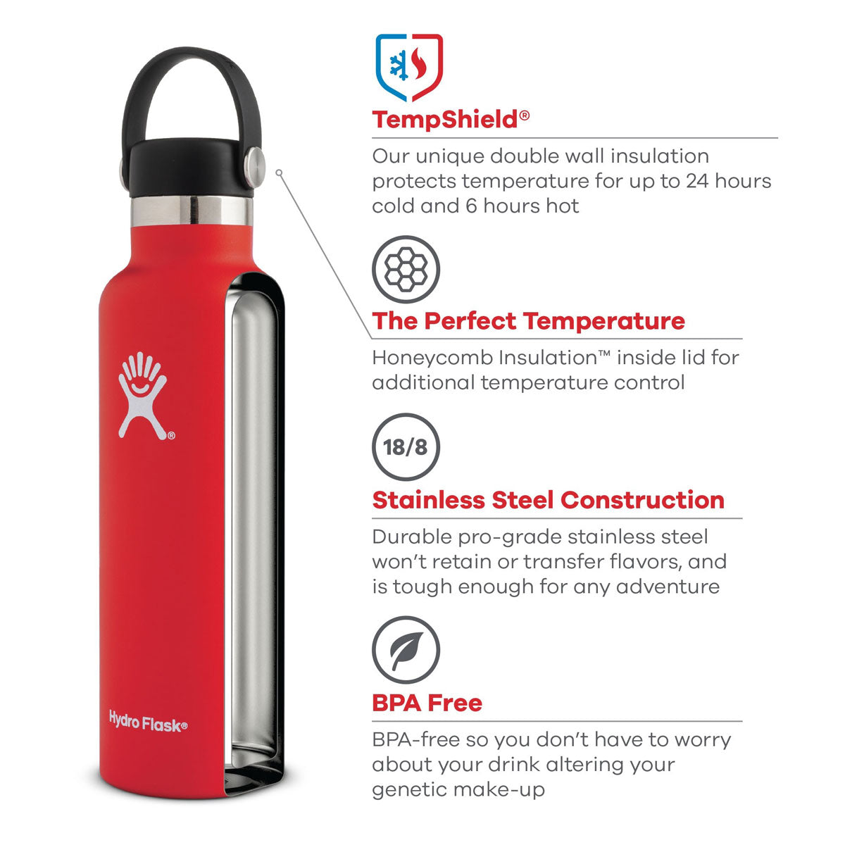 Hydro Flask 24oz Standard Mouth Water Bottle - A red water bottle with a black lid and white logo, featuring a standard mouth opening.