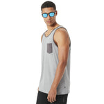Oakley Men's 50/50 Pocket Tank Top 2018 - A light gray tank top with a small pocket on the chest and dark gray trim around the armholes, neck, and pocket opening.