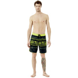 Oakley Men's Temples 19" Swim Board Shorts 2018 - Black swim trunks with a palm tree print and yellow accents on the waistband.