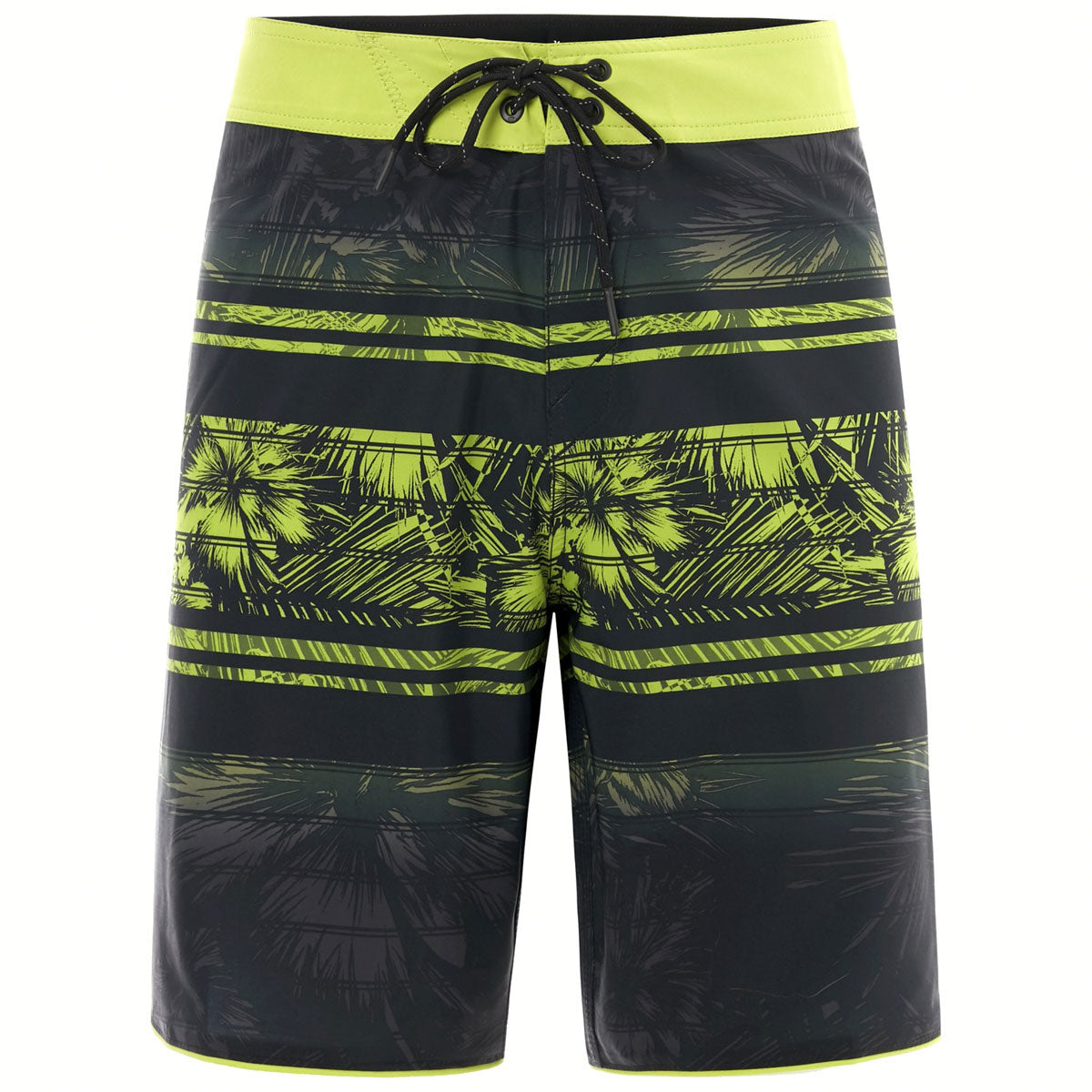 Oakley Men's Temples 19" Swim Board Shorts 2018 - Black swim trunks with a palm tree pattern and lime green accents.