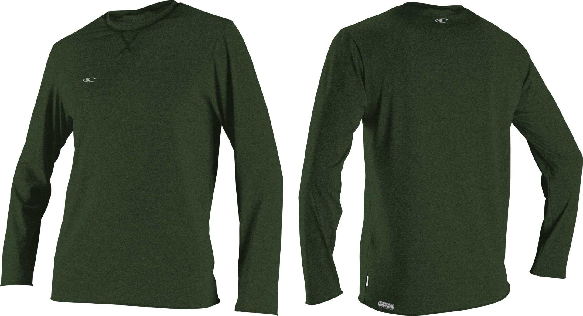 O'Neill Men's Hybrid Long Sleeve Rash Guard Sun Shirt 2020 - A dark green rash guard shirt with a white logo on the left chest and a small tag at the bottom hem.