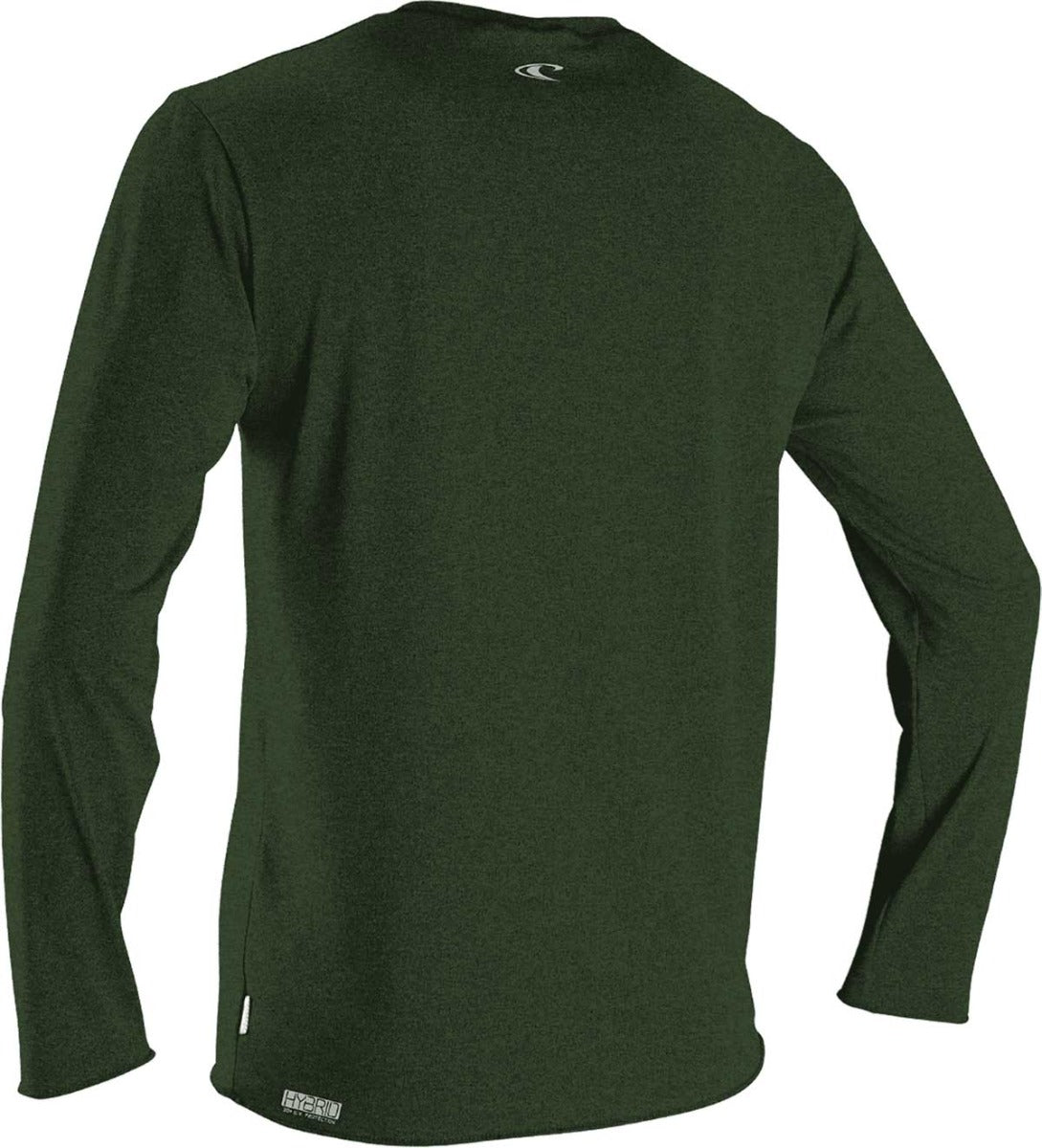 O'Neill Men's Hybrid Long Sleeve Rash Guard Sun Shirt 2020 - A dark green rash guard with a white logo on the upper back and a small tag on the bottom left side.