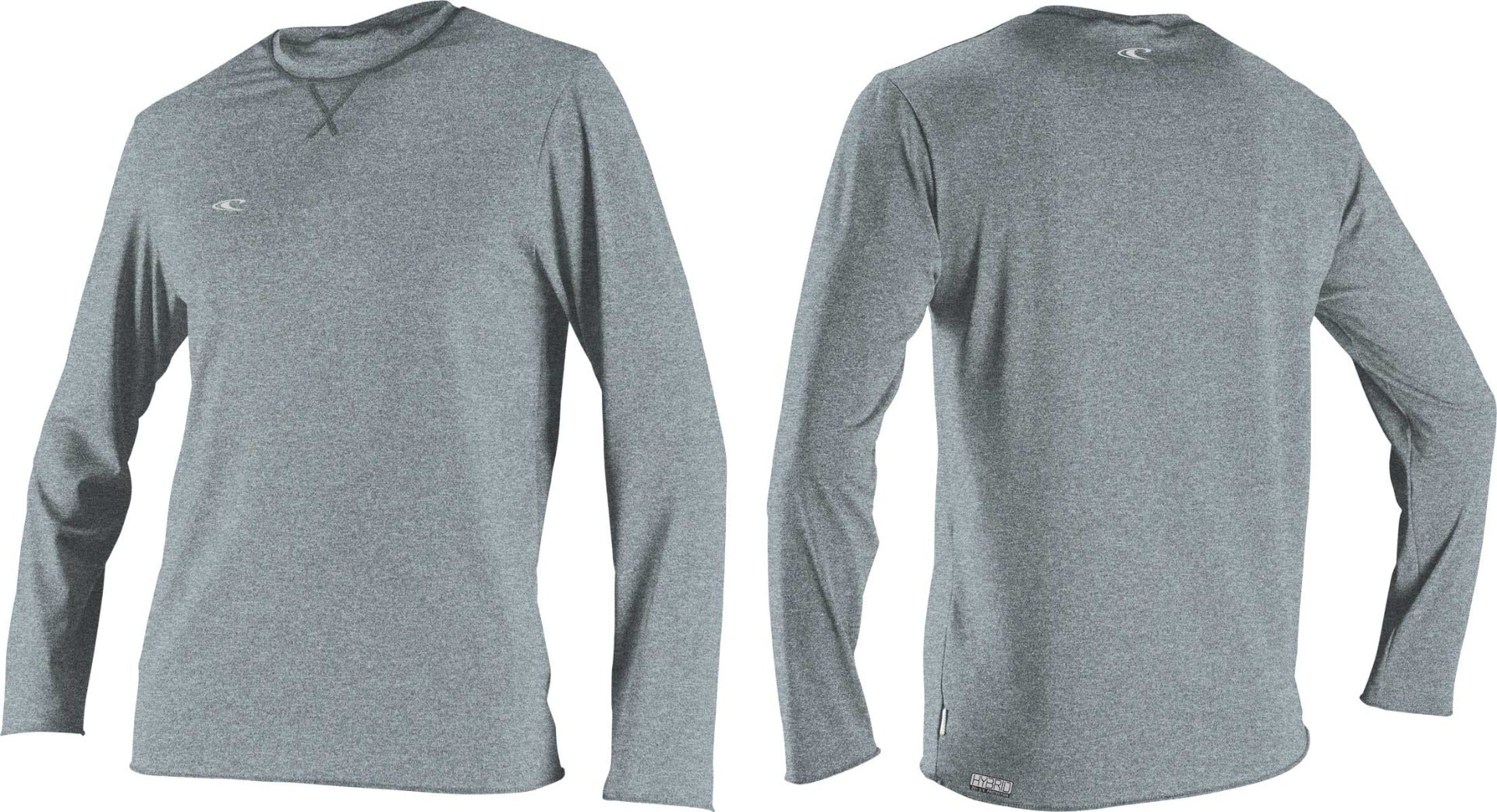 O'Neill Men's Hybrid Long Sleeve Rash Guard Sun Shirt 2020 - A gray rash guard with a white logo on the left chest and a small tag at the bottom back.